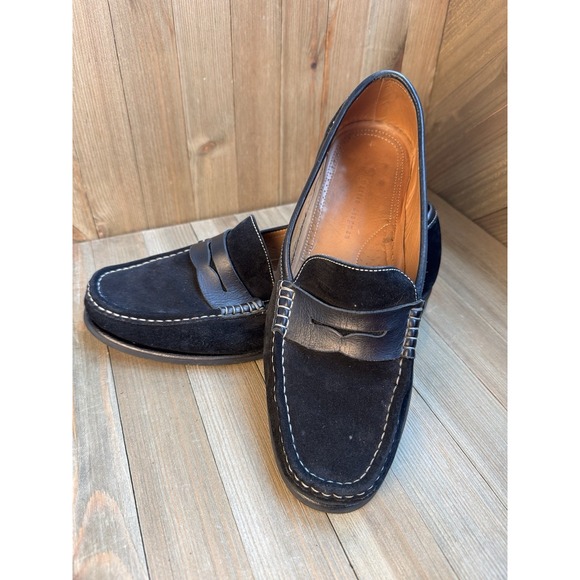 Martin Dingman Mens Black Suede Penny Loafers Slip On White Top Stitch Size 10D - Picture 2 of 8